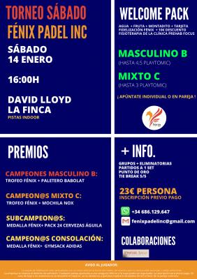 poster torneo TORNEO FÉNIX 14 ENERO// MASCULINO B & MIXTO C //PISTAS INDOOR EN LA FINCA