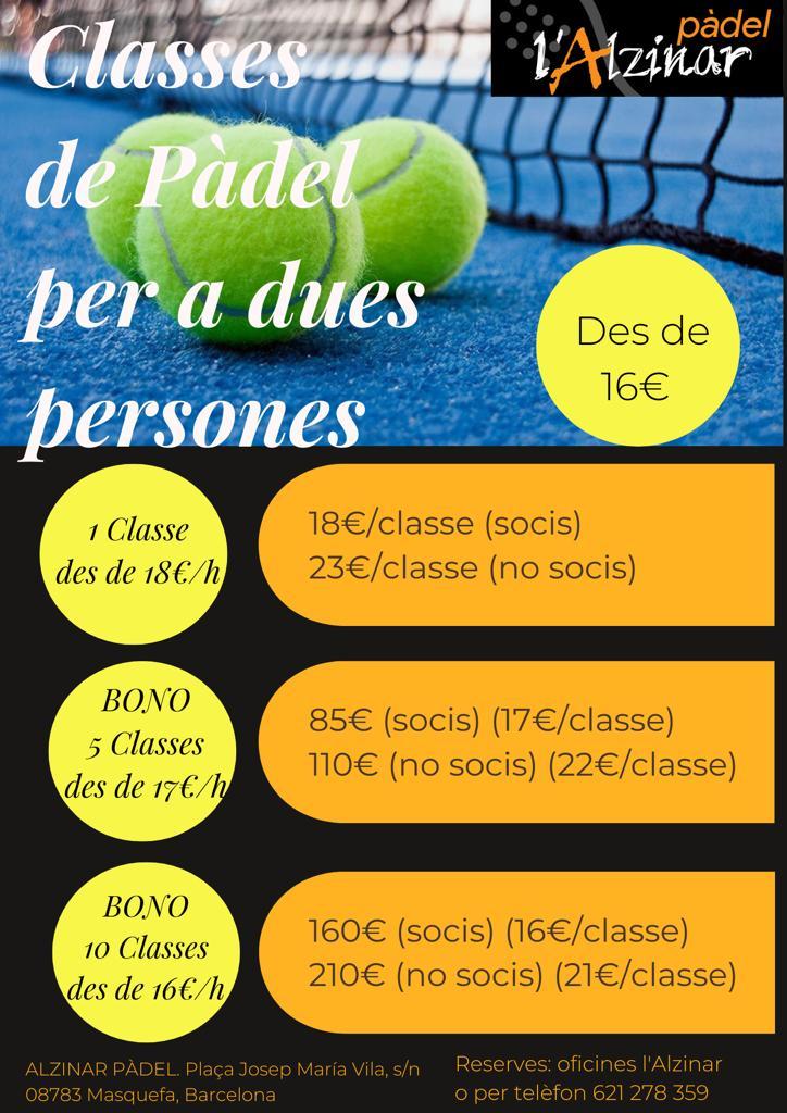 cartel clases de padel BONO DE 10 CLASSES PARTICULARS PER A 2 PERSONES 16€/H